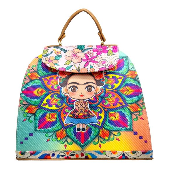 Artisan Crafted Handbags - Artisan Made Frida Kahlo Canvas Faux Leather Tote Backpack From Coyoacan Mexico